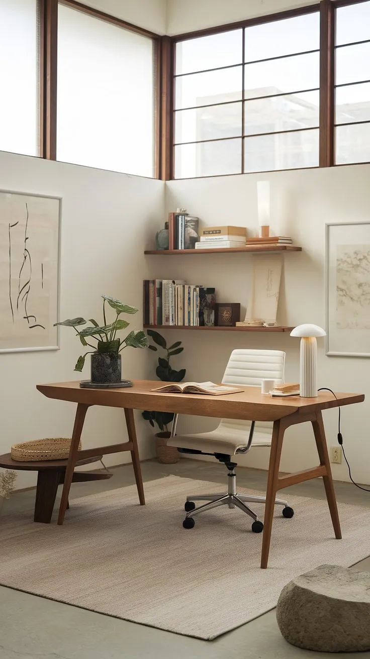 Find your focus in this serene home office, where minimalist Japanese design meets effortless productivity. Natural light streams in, illuminating a workspace designed for calm concentration and creative flow. The carefully curated details, from the smooth wood of the desk to the carefully placed rock, contribute to a sense of tranquility and mindful work.