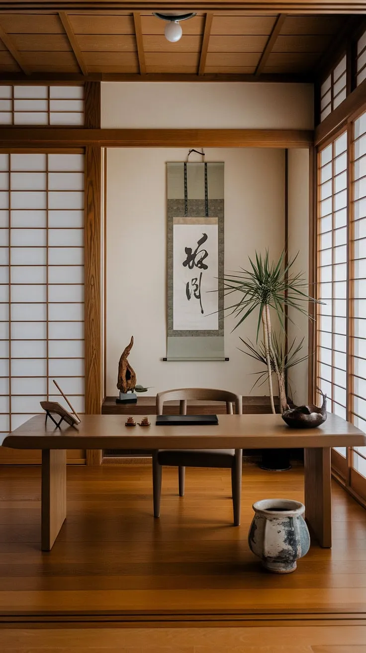 Escape the everyday in this tranquil haven. A Japanese-inspired aesthetic blends seamlessly with practical workspace elements, fostering creativity and inner calm. The gentle light and understated elegance invite quiet contemplation and focused work.