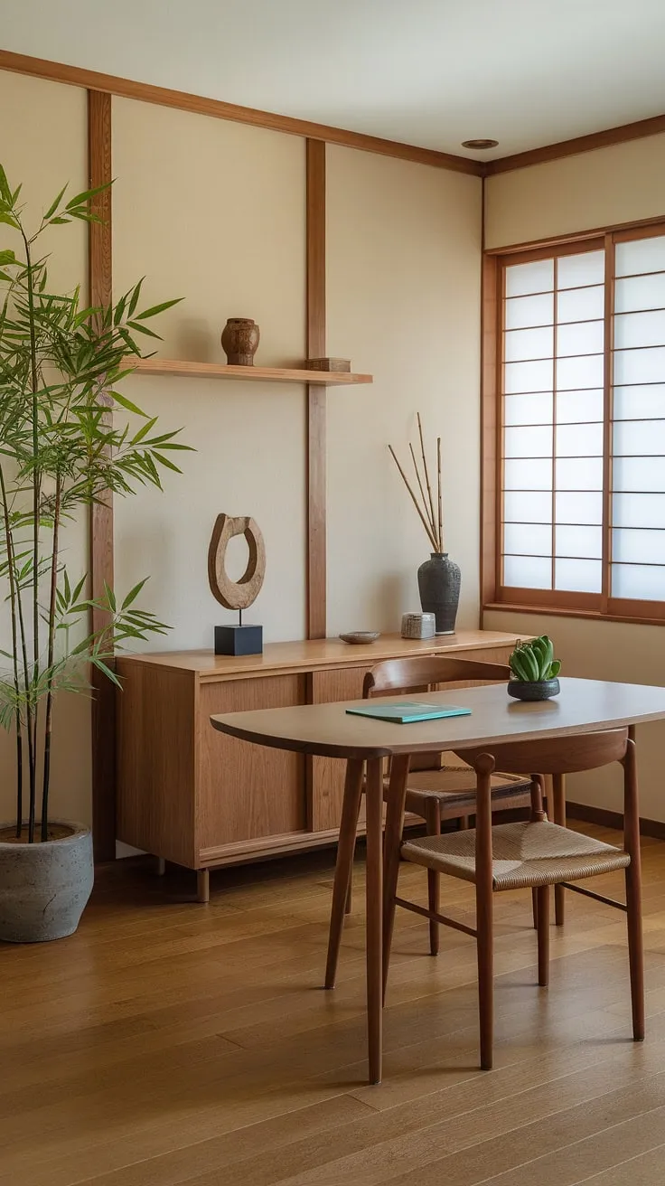 Escape the everyday in this tranquil home office. The Zen aesthetic, with its carefully curated details and natural elements like bamboo and a flourishing green plant, fosters a space ideal for a deep work and mindful reflection.