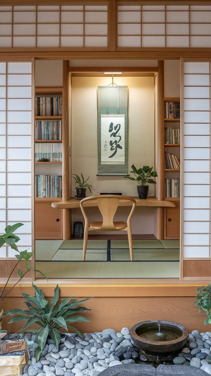 Escape the everyday in this meticulously crafted zen workspace. The warm wood tones, the calming presence of the water feature, and the carefully curated details-from the shoji screens to the hanging scroll-all contribute to an atmosphere of profound calm. This sanctuary, designed for both work and mindful reflection, invites you to embrace a more balanced and productive lifestyle.