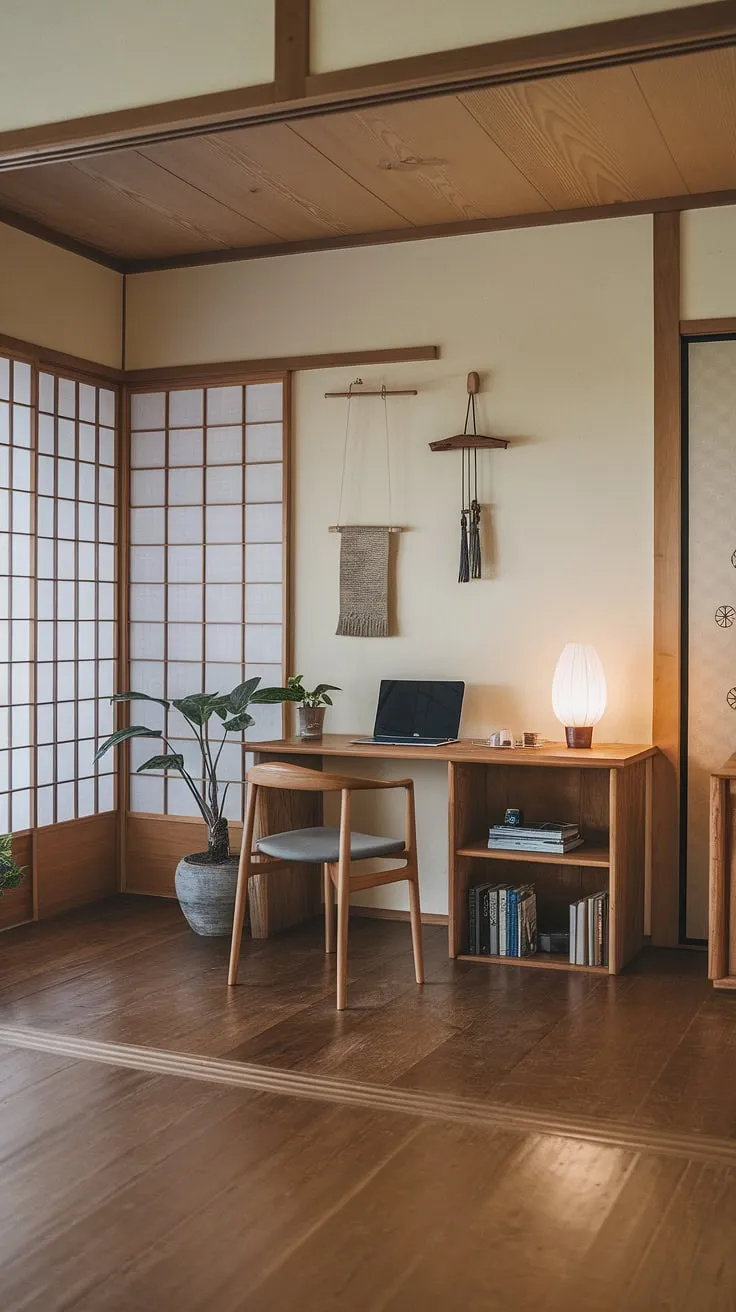 Escape the everyday in this tranquil Japanese-inspired workspace. The understated elegance of the shoji screen, the warmth of the wood, and the carefully curated details combine to create a haven of calm and inspiration. A sanctuary for creativity and mindful productivity.