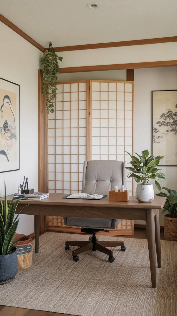 Find your focus in this serene home office, where minimalist Japanese design meets modern functionality. The calming atmosphere, enhanced by natural light and carefully chosen décor, fosters a productive and peaceful workspace. A perfect blend of tradition and contemporary comfort.