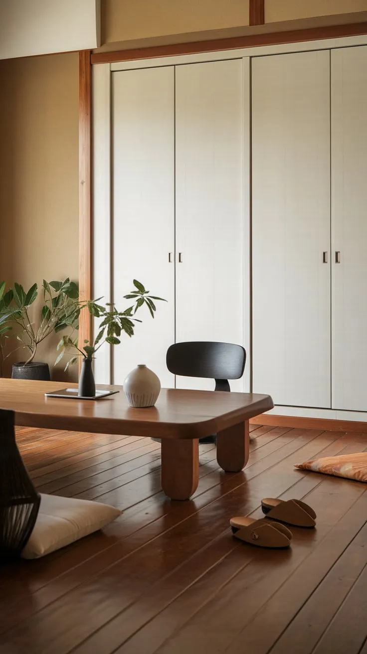 Find your focus in this serene home office, where minimalist Japanese design meets calming functionality. The natural wood, soft beige walls, and carefully chosen plants create a space perfect for quiet contemplation and productive work. A testament to the power of intentional living.