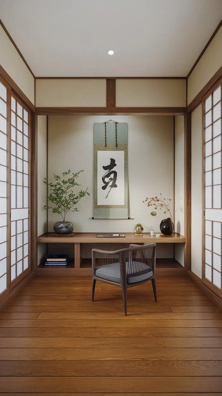 Find your focus in this serene home office, where minimalist Japanese design meets calming functionality. The natural light and carefully chosen elements create a space perfect for deep work and mindful reflection. A sanctuary for the soul, this workspace embodies tranquility.