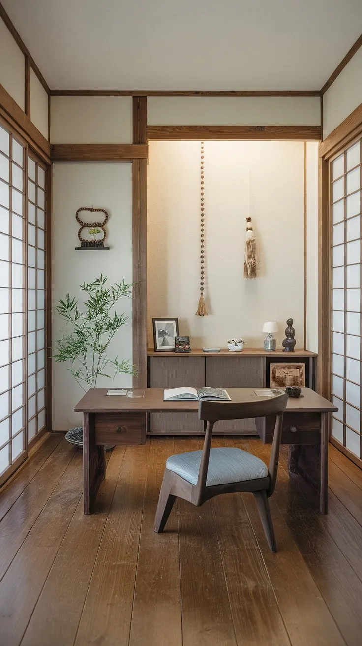 Escape the chaos and embrace tranquility in this zen-inspired workspace. A low wooden desk, carefully chosen décor, and the gentle presence of nature combine to create an atmosphere of calm and focus. A perfect blend of aesthetics and functionality for achieving your goals.