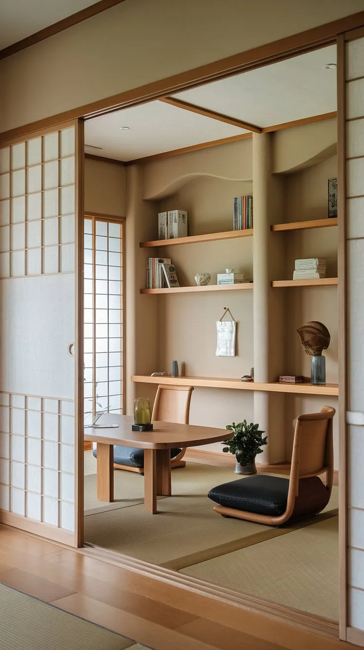 Find your focus in this serene home office, where minimalist Japanese design meets calming functionality. The soft light and natural wood create a space perfect for mindful work and quiet contemplation. A gentle breeze flows through the patterned shoji screen, carrying a sense of peace and tranquility.