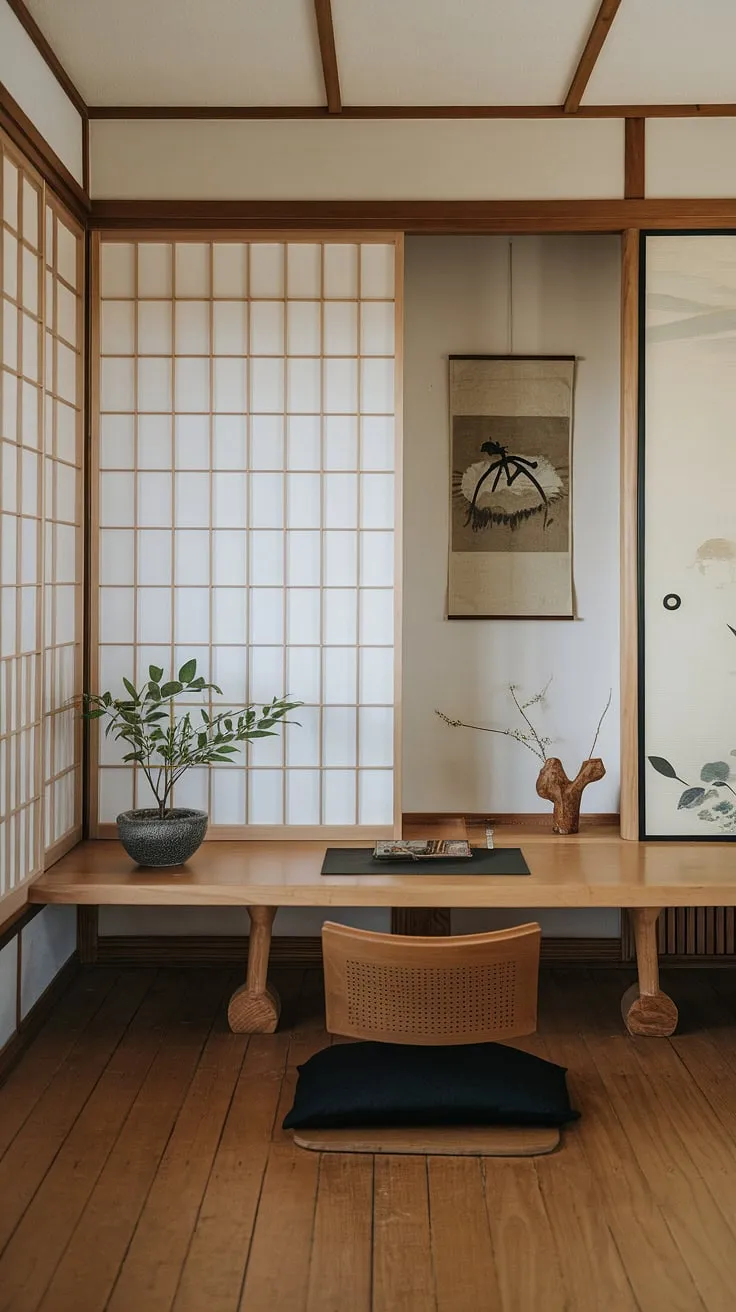 Find your focus in this serene home office, where minimalist Japanese design meets modern functionality. The soft light filtering through the shoji screen creates a peaceful atmosphere, perfect for deep work and mindful moments. A sanctuary for creativity and calm.