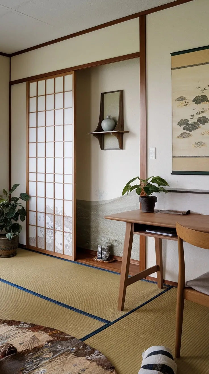 Find your focus in this serene home office, where minimalist Japanese design meets productive workspaces. The calming atmosphere, enhanced by natural light and carefully chosen décor, fosters a sense of tranquility and inspires creative flow. A perfect blend of aesthetics and functionality.