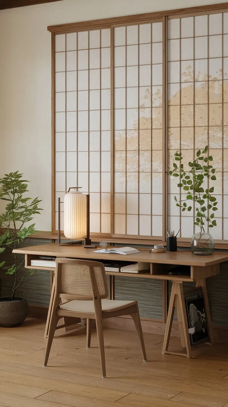 Find your focus in this serene home office, where the calming influence of a Shoji screen and natural wood create a sanctuary for productivity. The minimalist design, accented with earthy tones and a touch of greenery, fosters a sense of tranquility and inspires creative flow. A perfect blend of Japanese aesthetics and modern functionality.