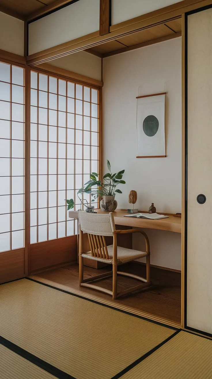 Escape the everyday in this tranquil home office. The blend of traditional Japanese aesthetics-tatami flooring, a simple wooden desk, and a accents-with a minimalist approach fosters a sense of peace and inspires creative flow.