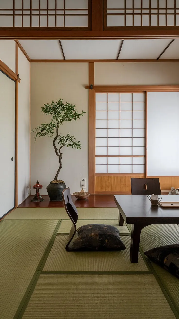 Find your focus in this serene Japanese-style home office. The minimalist design, featuring tatami mats and a low table, promotes calm and concentration, allowing for a productive and peaceful workspace. The gentle light filtering through the frosted glass and the presence of the potted tree complete the tranquil atmosphere.