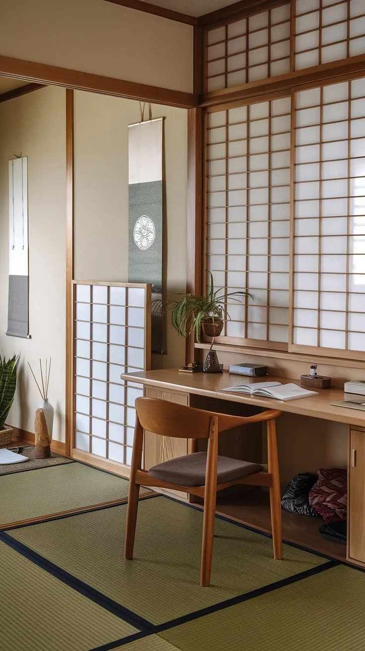 This Japanese-inspired workspace embodies the principles of minimalism and tranquility. The natural wood, tatami mats, and carefully chosen a elements create a calming atmosphere, ideal for deep work and inner peace. A haven for both productivity and reflection.