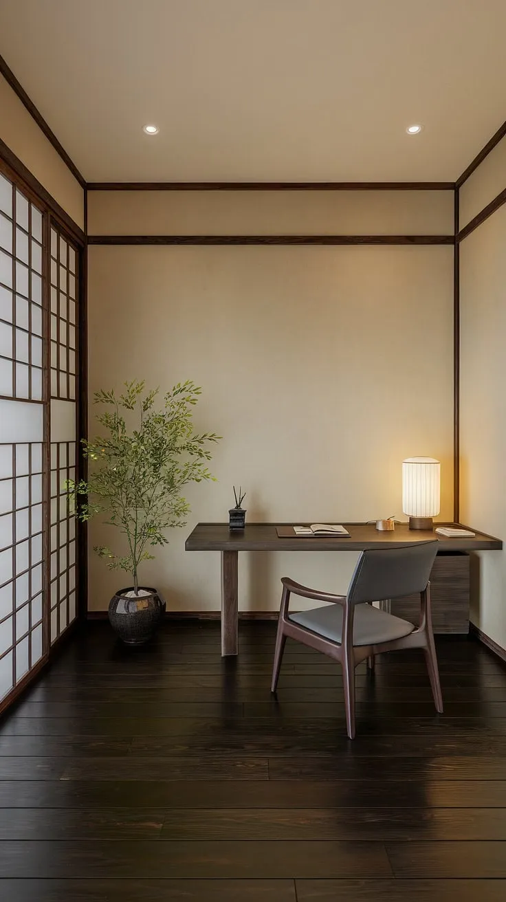 Find your focus in this serene home office, where minimalist Japanese design meets calming functionality. The low table and comfortable chair invite quiet contemplation, while natural light and a touch of greenery create a space for productive peace. A perfect sanctuary for mindful work.