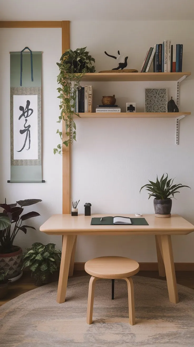 Escape the everyday in this zen-inspired workspace. The low desk, carefully curated objects, and the soft glow of natural light create a haven for creativity and concentration. A sanctuary for both body and mind, designed for optimal focus and well-being.