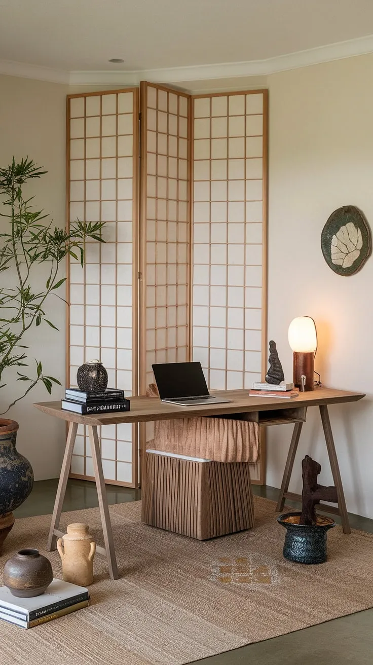 Find your focus in this serene home office, where minimalist Japanese design meets modern functionality. The soft light, natural materials, and calming atmosphere create the perfect space for productive work and mindful reflection. A sanctuary for the soul, this workspace effortlessly blends aesthetics and efficiency.