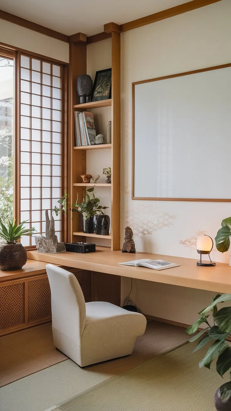 This zen-inspired workspace effortlessly blends Japanese aesthetics with modern functionality. The low desk, white chair, and thoughtful placement of plants and decor create a calming environment ideal for focused work. A sanctuary for creativity and productivity, this space embodies the principles of mindful living.