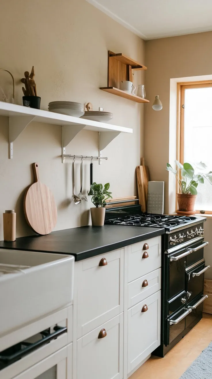 Find serenity in the heart of your home with this Japandi-inspired kitchen. The minimalist design, featuring clean white cabinets and a sleek black countertop, creates a calming atmosphere perfect for mindful cooking. Natural wood accents add warmth and texture, while the soft lighting enhances the overall sense of peace and tranquility. A perfect blend of Japanese aesthetics and Scandinavian functionality.