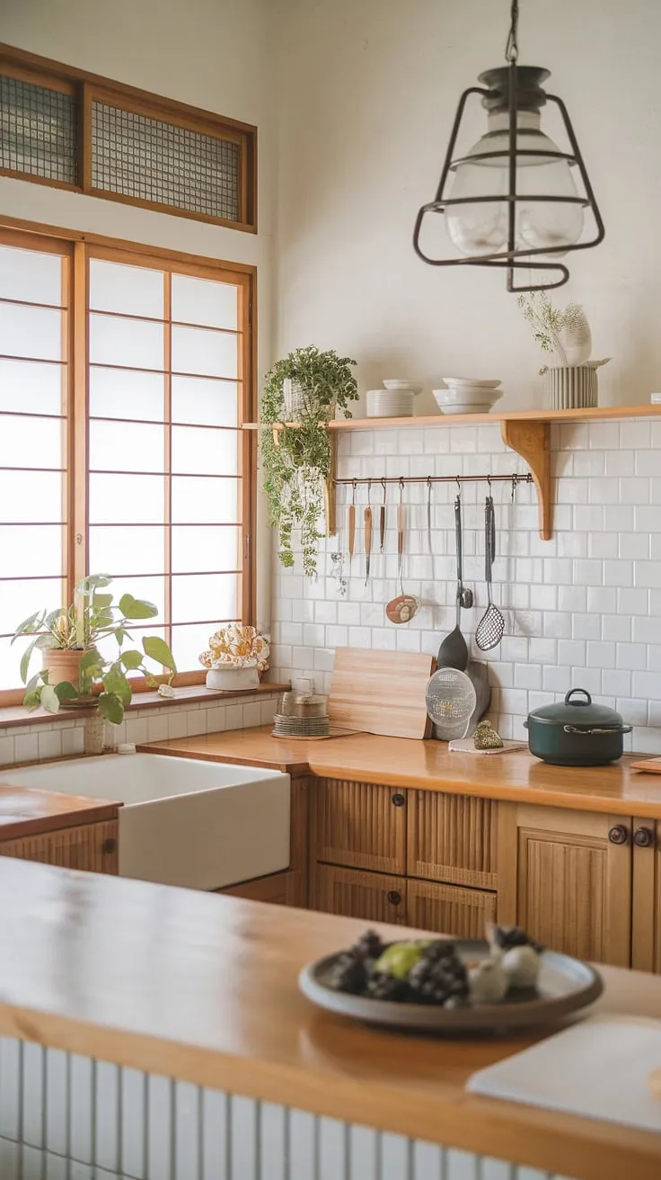 Find serenity in this Japandi kitchen, where minimalist Scandinavian design meets the calming spirit of Japan. The warm wood tones, soft lighting, and subtle Japanese lantern create a space of peaceful functionality. A perfect blend of form and function.