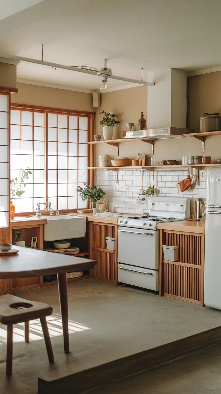 This zen kitchen effortlessly blends Japanese and Scandinavian aesthetics, resulting in a space that is both beautiful and functional. The light-filled room, with its a abundance of natural wood and clean lines, offers a tranquil retreat for culinary creativity. A feeling of calm washes over you as you imagine preparing meals in this harmonious space.