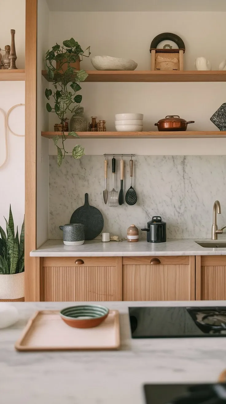 Find serenity in this Japandi-inspired kitchen, where minimalist design meets functional beauty. The warm wood tones, cool marble, and carefully curated Japanese cooking tools create a space that's both calming and inviting. A touch of greenery adds life to this tranquil culinary haven.
