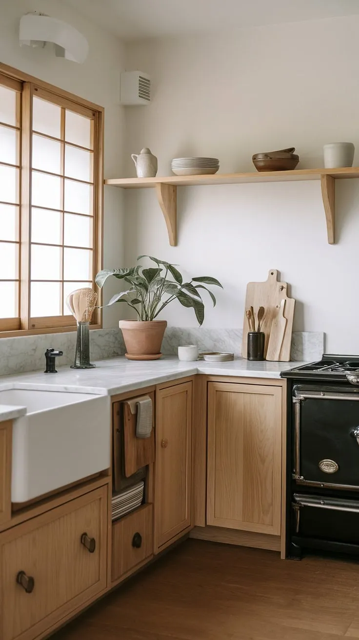 Find serenity in the heart of your home with this minimalist Japanese-inspired kitchen. The calming blend of natural wood, cool marble, and clean lines creates a space where culinary creativity flourishes. A perfect sanctuary for mindful cooking and peaceful moments.