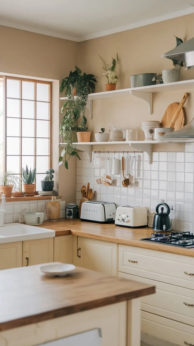 Find serenity in the everyday with this Japandi kitchen. The minimalist design, warm wood tones, and subtle pops of greenery create a space that's both functional and deeply calming. A perfect blend of Japanese and Scandinavian aesthetics, it's a haven for mindful moments. A testament to the beauty of simplicity, A space where functionality meets tranquility.