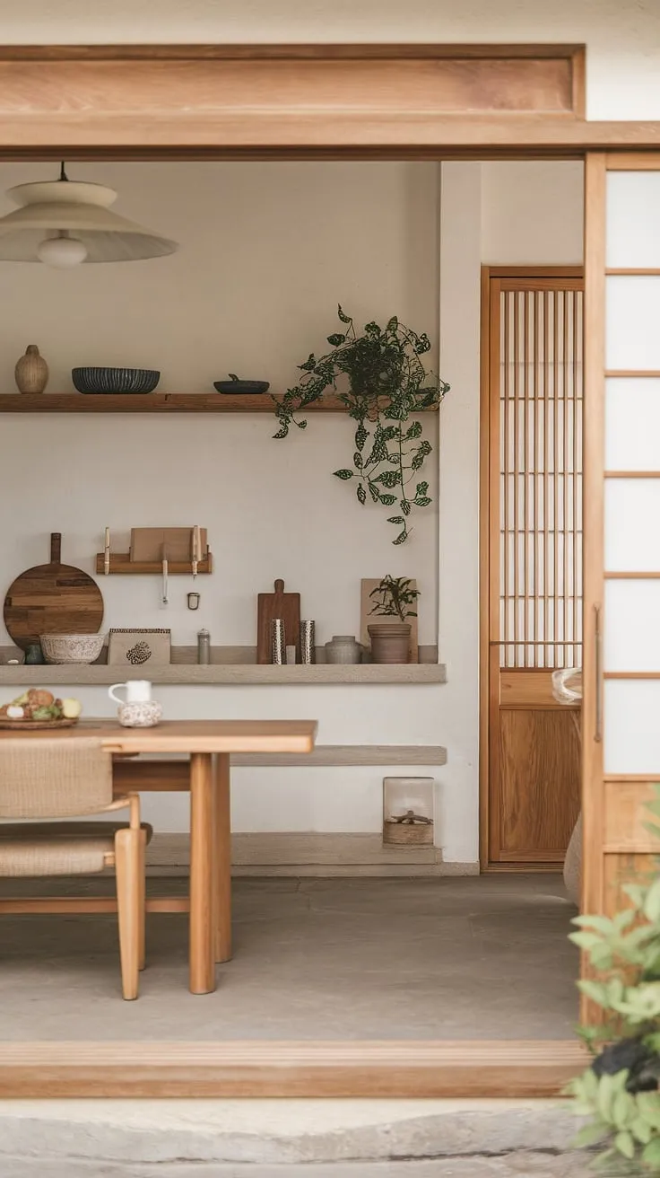 Find serenity in this Japandi-inspired kitchen. The soft, natural light and minimalist design, featuring warm wood accents and a calming stone floor, create a space where culinary creativity and peaceful contemplation meet. A touch of nature, represented by the potted plant, completes this harmonious haven.