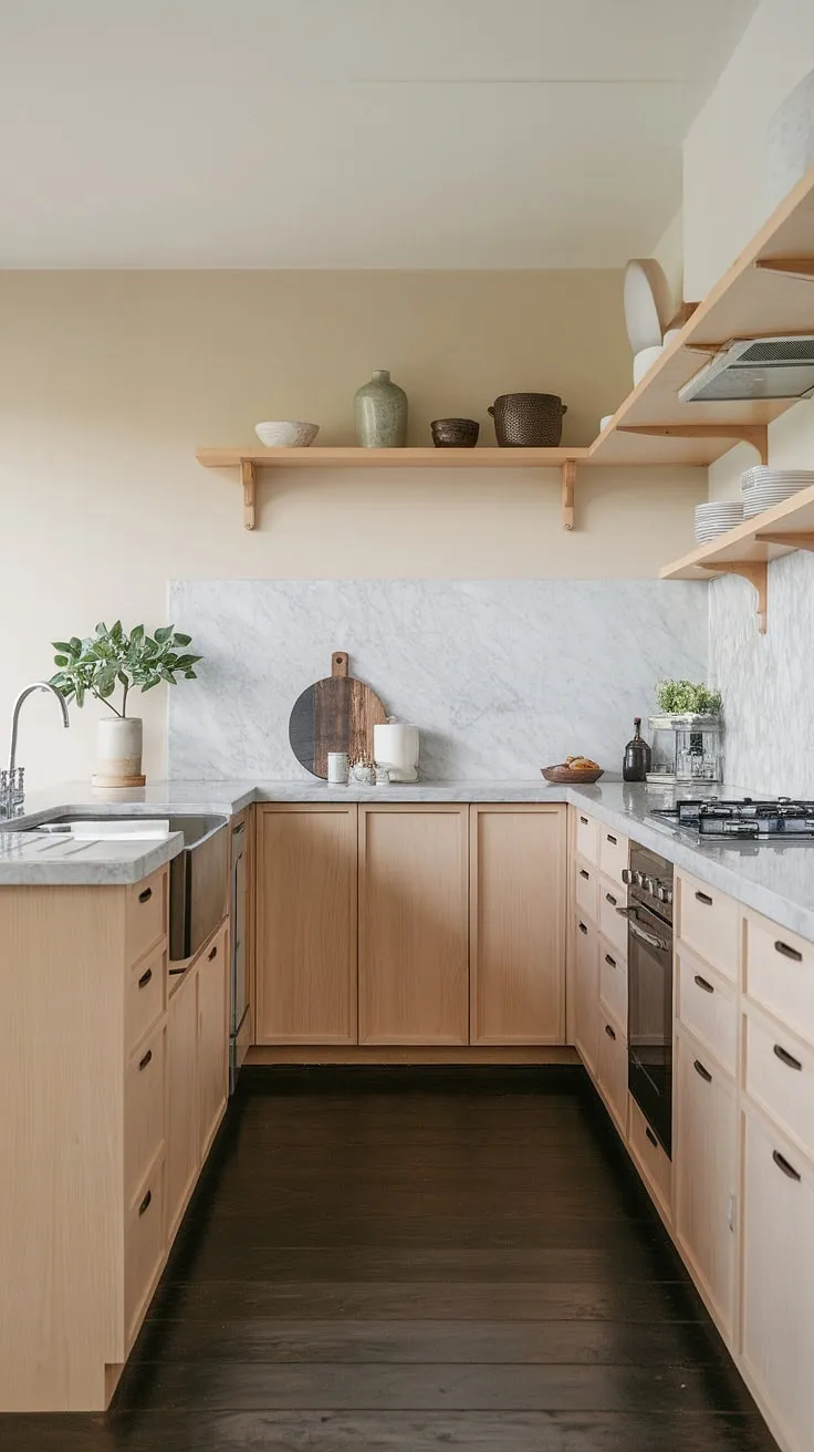 Find serenity in the heart of your home with this Japanese-inspired kitchen. The minimalist design, light wood cabinetry, and calming beige walls create a space that's both functional and effortlessly elegant. A touch of nature, in the form of a small potted plant, completes the Zen-like atmosphere. A sense of peace permeates every detail.