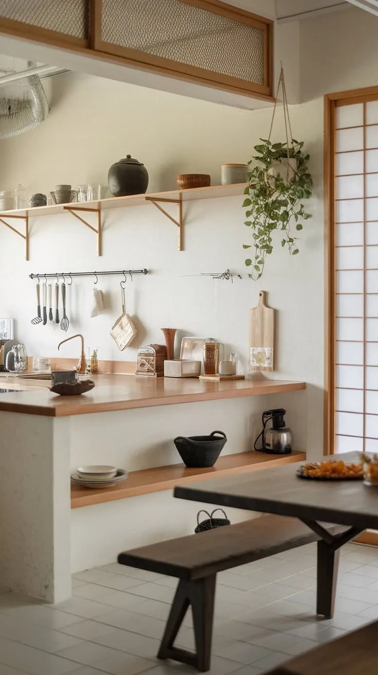 Find serenity in this Japandi kitchen, where minimalist design meets natural warmth. The soft light, wooden accents, and carefully curated details create a space that's both functional and deeply calming. A perfect blend of Japanese aesthetics and Scandinavian simplicity, it's a haven for mindful living.
