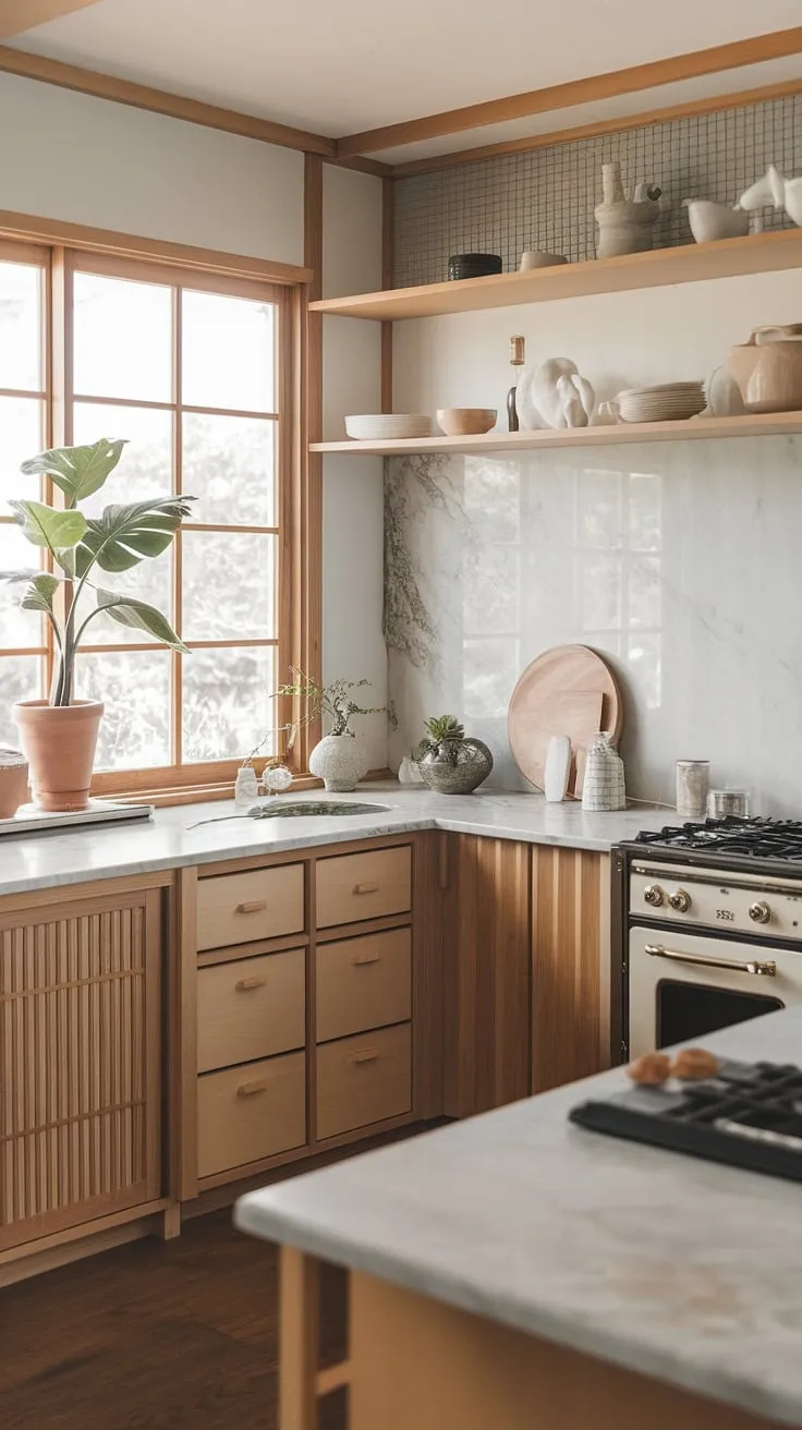 Find serenity in this Japandi kitchen, where minimalist Japanese design meets the airy openness of Scandinavian style. The warm wood, cool marble, and soft light create a space that's both functional and deeply calming. A perfect blend of textures and aesthetics for a peaceful culinary experience.