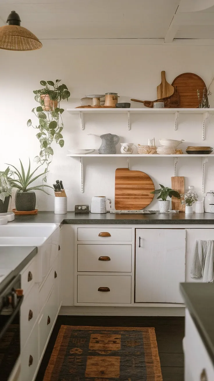Find serenity in this Japandi-inspired kitchen. The minimalist design, featuring clean white cabinets and dark countertops, is balanced by warm wooden accents and lush greenery, creating a space that's both functional and deeply calming. A perfect blend of Japanese aesthetics and Scandinavian simplicity.