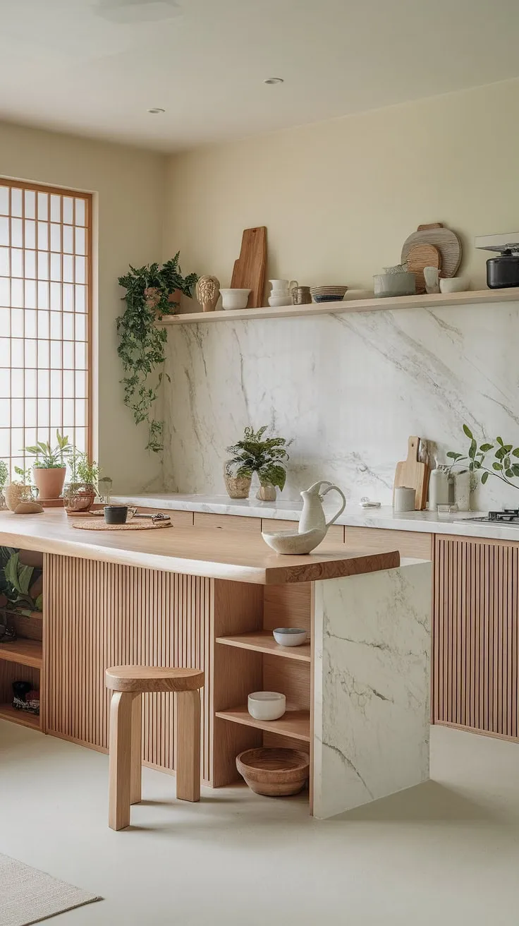 Find serenity in this Japandi kitchen. The warm wood tones, calming marble, and soft beige walls create a space that's both functional and effortlessly stylish. A perfect blend of Japanese minimalism and Scandinavian simplicity, it's a haven for mindful cooking and peaceful moments.