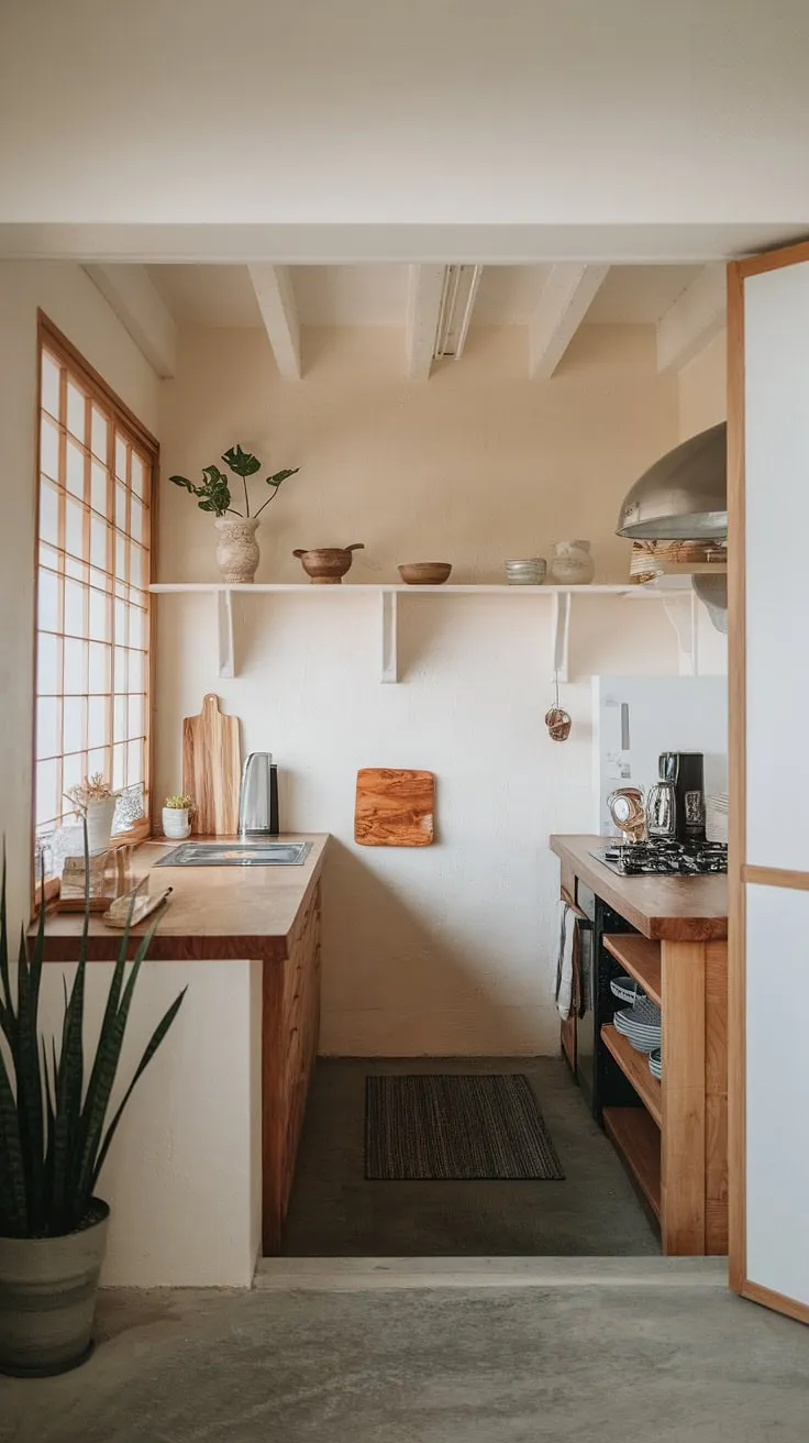 This zen kitchen embodies the spirit of Japandi design. A harmonious blend of Japanese minimalism and Scandinavian functionality, it's a haven of calm. The natural light, clean lines, and carefully chosen elements create a space that feels both inviting and incredibly peaceful. A true sanctuary for the soul.