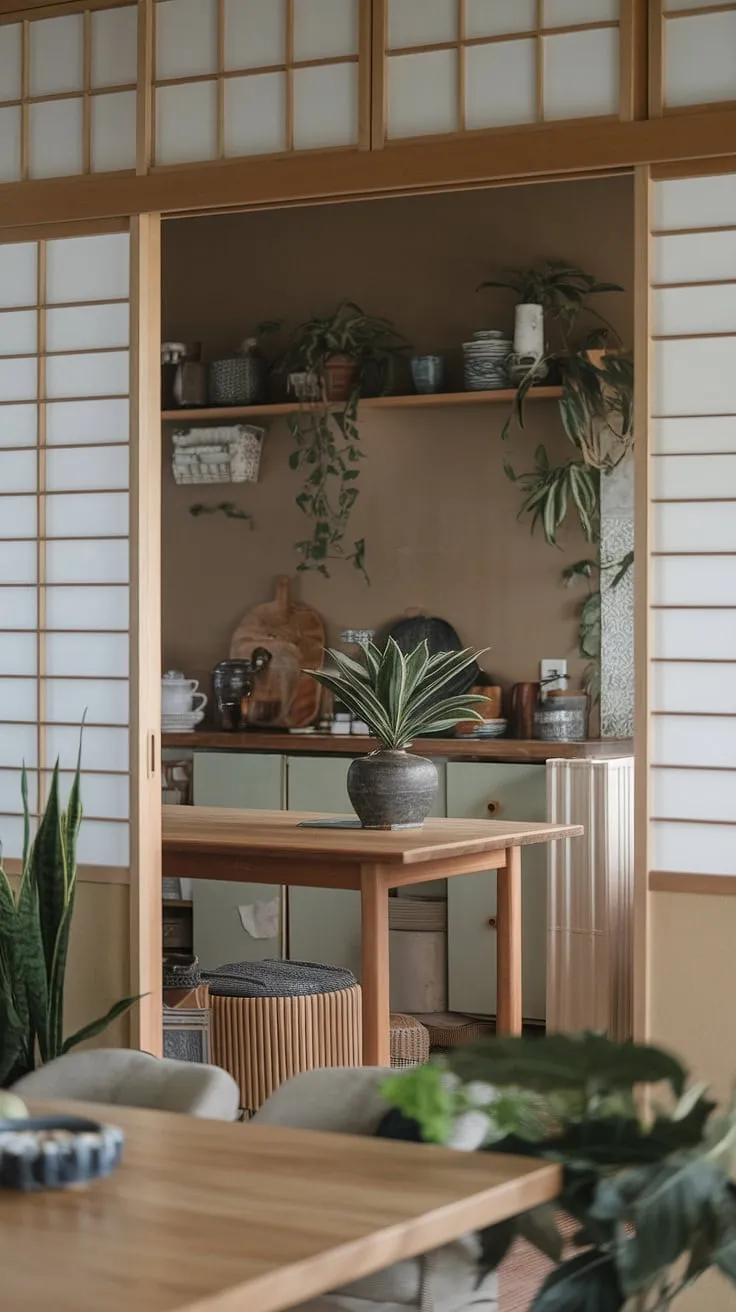 This zen kitchen embodies the essence of Japandi design: a harmonious balance between Japanese minimalism and Scandinavian functionality. The muted tones, natural wood, and carefully chosen plants create a tranquil atmosphere, perfect for mindful cooking and quiet contemplation. A true sanctuary for the soul.