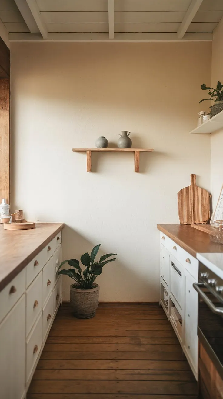 Find serenity in this Japandi-inspired kitchen. The minimalist design, featuring a light wood countertop and airy white cabinetry, creates a calming space perfect for mindful cooking. A touch of nature, with a potted plant and simple pottery, completes the tranquil atmosphere. This is where culinary artistry meets peaceful contemplation.