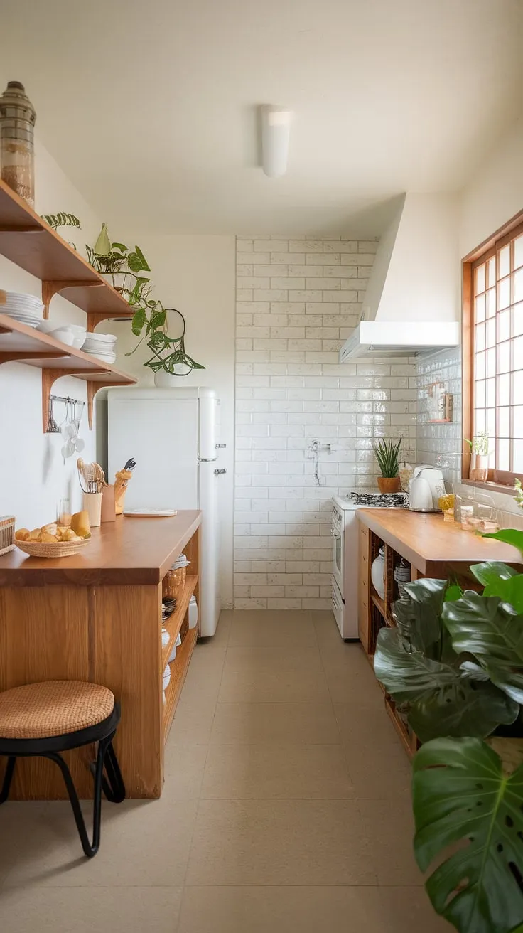 Find serenity in this Japandi-inspired kitchen. The soft light, natural wood, and calming greenery create a space where culinary creativity flows effortlessly. A minimalist aesthetic meets functional design, resulting in a kitchen that is both beautiful and peaceful. A perfect blend of Japanese and Scandinavian influences, this space embodies a sense of calm and understated elegance.