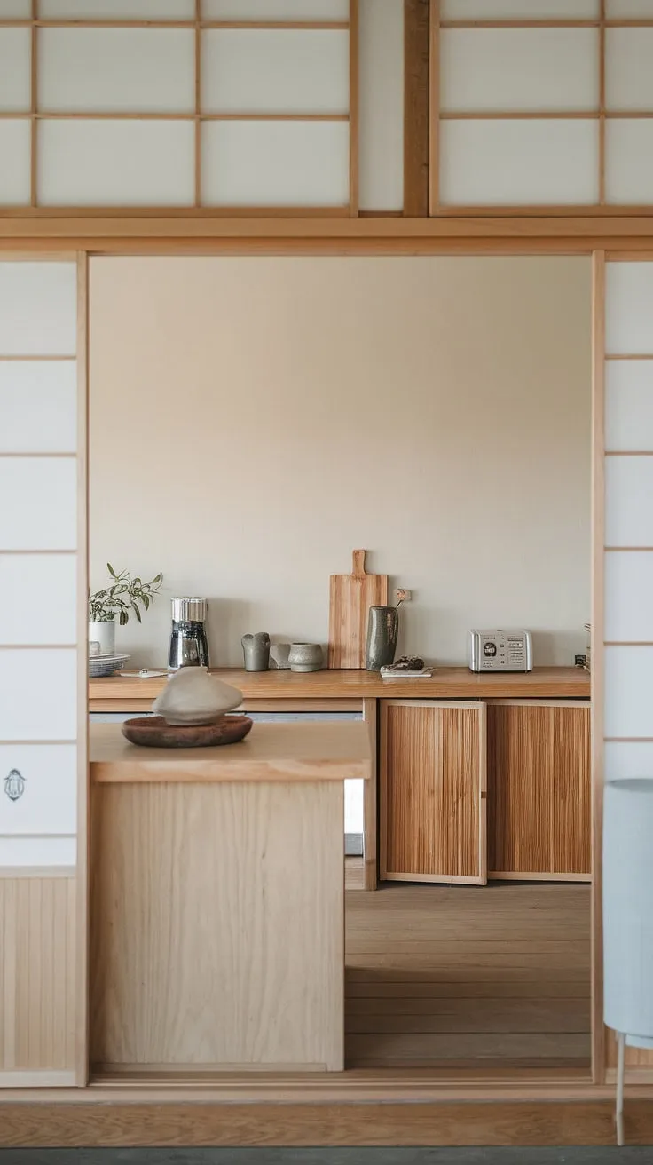 This zen kitchen embodies the spirit of Japandi design. Clean lines, natural materials, and a soft color palette combine to create an atmosphere of calm and understated sophistication. The airy space invites mindful preparation, transforming everyday cooking into a meditative experience.