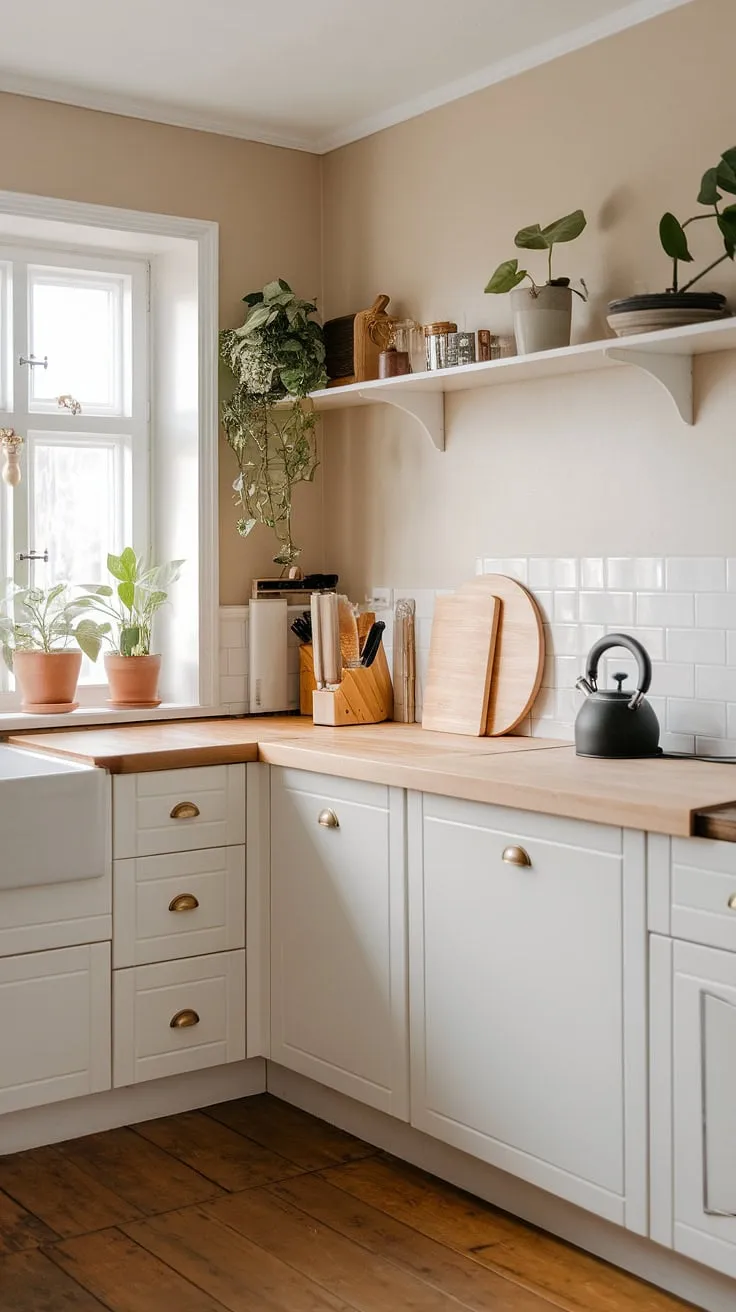 This zen kitchen effortlessly blends Japanese and Scandinavian design, resulting in a space that is both functional and aesthetically pleasing. The clean lines of the white cabinetry are balanced by the organic texture of the wood, creating a harmonious and inviting atmosphere. Simple elements, like the black kettle and wooden cutting board, add a touch of understated elegance.