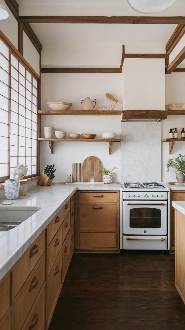 This zen kitchen embodies the essence of Japandi design: a harmonious balance between Japanese simplicity and Scandinavian functionality. A space where clean lines, natural materials, and a calming atmosphere converge to create a kitchen that's as beautiful as it is inviting. A sanctuary for mindful cooking and effortless elegance.