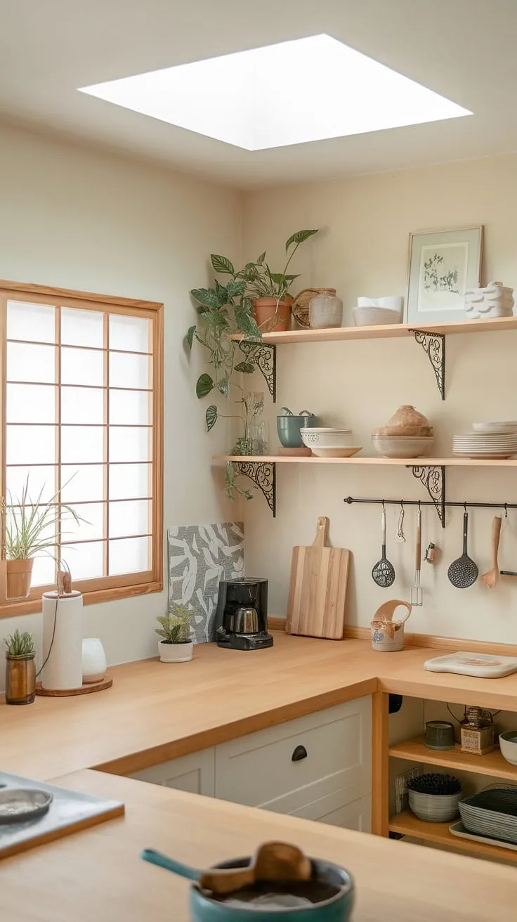 This zen kitchen embodies the spirit of Japandi design: a harmonious balance between Japanese minimalism and Scandinavian functionality. The light-filled space, accented with natural wood and a touch of greenery, invites a sense of peace and tranquility. A place where culinary creativity flourishes in a beautifully understated setting.