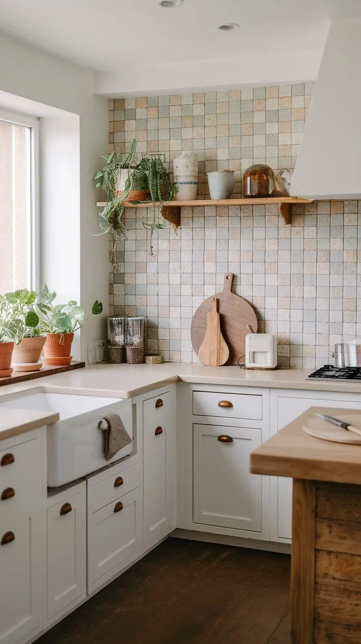 Find serenity in this Japandi-inspired kitchen. The minimalist design, featuring clean white cabinets, a warm wood island, and a subtly patterned backsplash, creates a space that's both functional and peaceful. The natural light streaming in highlights the carefully chosen details, from the potted plants to the simple wooden cutting board. A perfect blend of Japanese and Scandinavian aesthetics for a truly calming culinary experience.