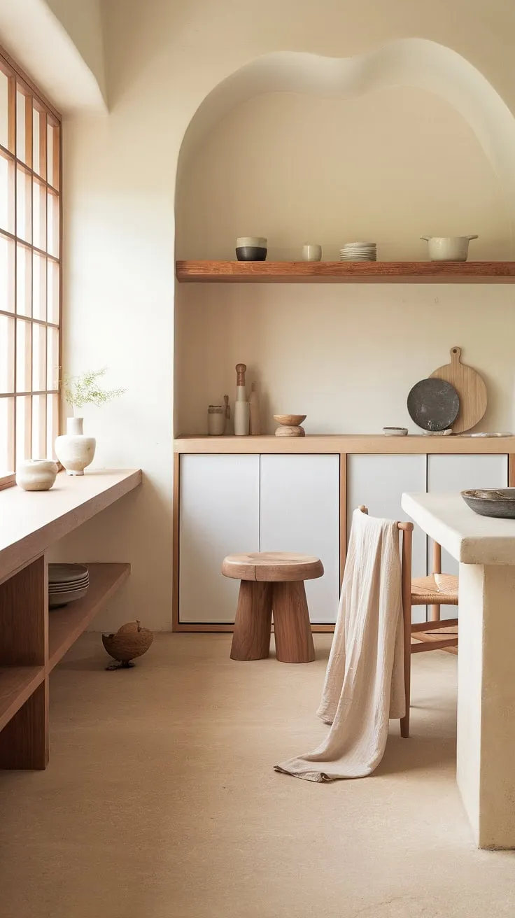 Find your center in this exquisitely designed Japandi kitchen. The neutral color scheme, punctuated by carefully chosen wooden elements, evokes a sense of peace and harmony. Every detail, from the draped fabric to the carefully arranged dishes, contributes to the overall feeling of understated elegance and mindful living.
