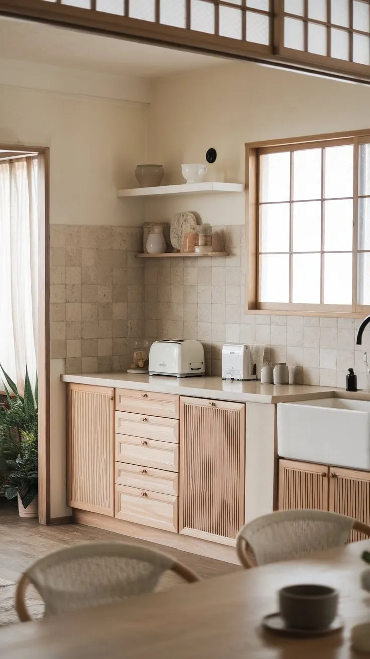 This airy Japandi kitchen is a testament to understated elegance. The neutral palette, featuring calming beige and warm wood, fosters a sense of tranquility. Every element, from the simple white sink to the thoughtfully placed potted plant, contributes to the space's serene and inviting ambiance. A perfect example of how less can truly be more.