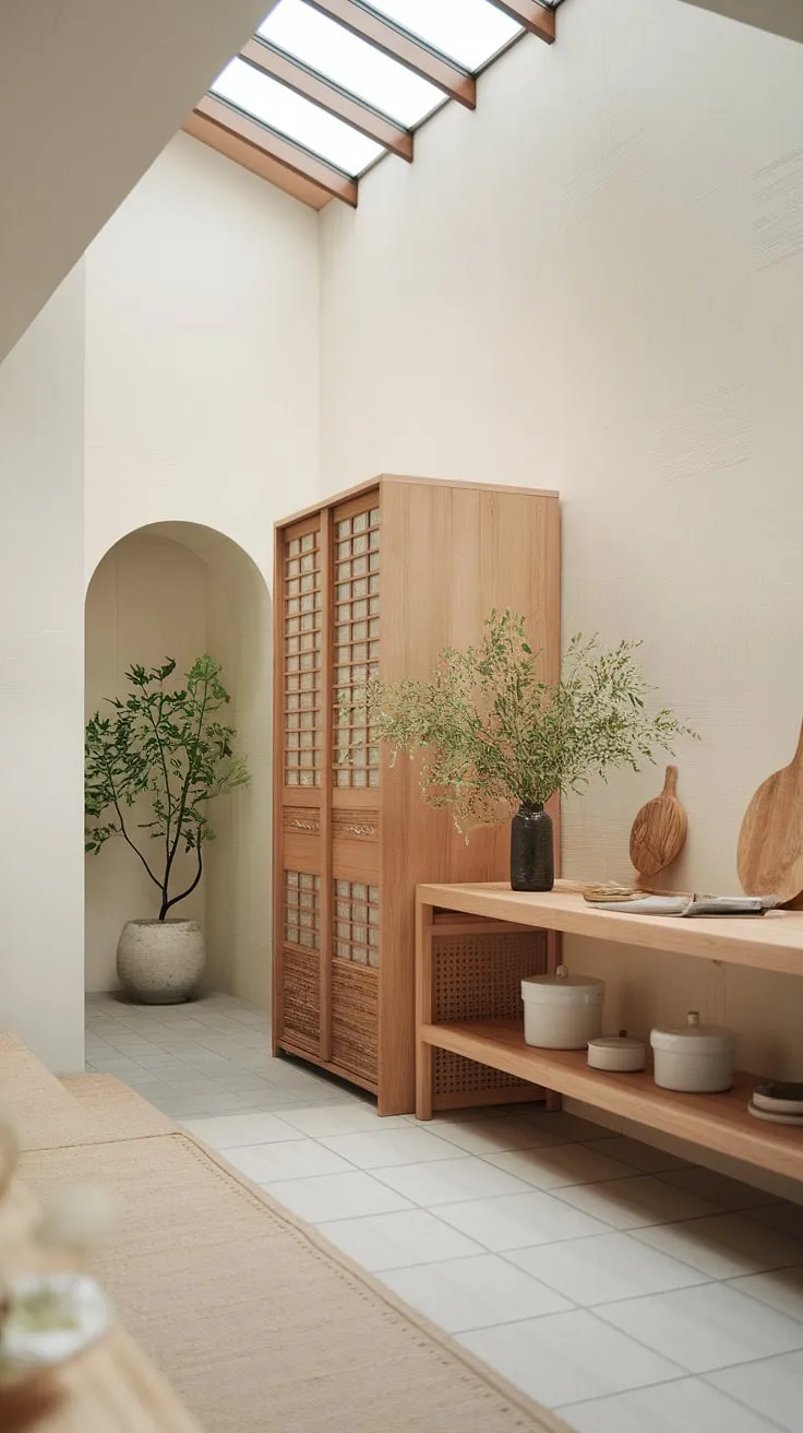 This zen kitchen embodies the essence of Japandi style: clean lines, natural materials, and a focus on functionality. The high ceilings and soft light enhance the feeling of spaciousness, while the wooden accents and carefully chosen details create a warm and inviting ambiance. A perfect sanctuary for culinary creativity and peaceful contemplation.