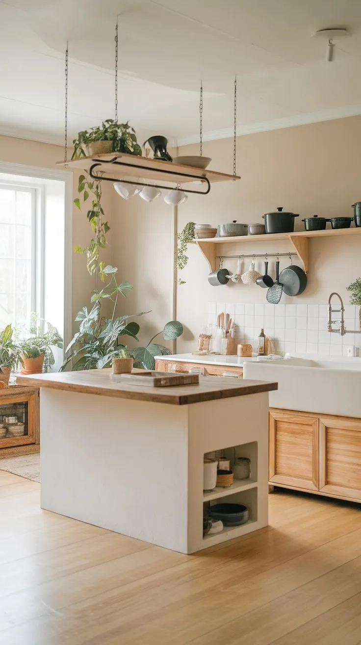 This zen kitchen embodies the spirit of Japandi design. A minimalist aesthetic with warm wooden elements and a calming color palette fosters a peaceful cooking experience. The thoughtful placement of plants adds a touch of nature to this tranquil space.