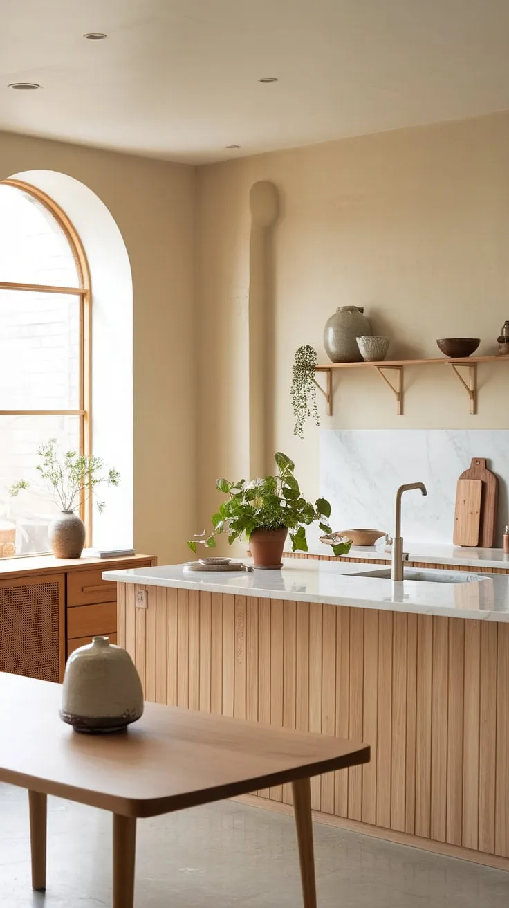 A serene sanctuary where minimalist Japanese design meets Scandinavian functionality. The soft beige walls and natural wood create a calming atmosphere, perfect for mindful moments and delicious meals. A sense of tranquility pervades this Japandi kitchen, a testament to the beauty of simplicity.
