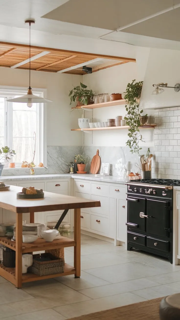 This airy kitchen embodies the essence of Japandi design: a harmonious blend of Japanese minimalism and Scandinavian functionality. Clean white lines, a sleek black stove, and a rustic wooden island create a space that's both aesthetically pleasing and incredibly practical. The marble countertop adds a touch of luxury, while the potted plants bring life and tranquility to this calming sanctuary. A true testament to understated elegance.