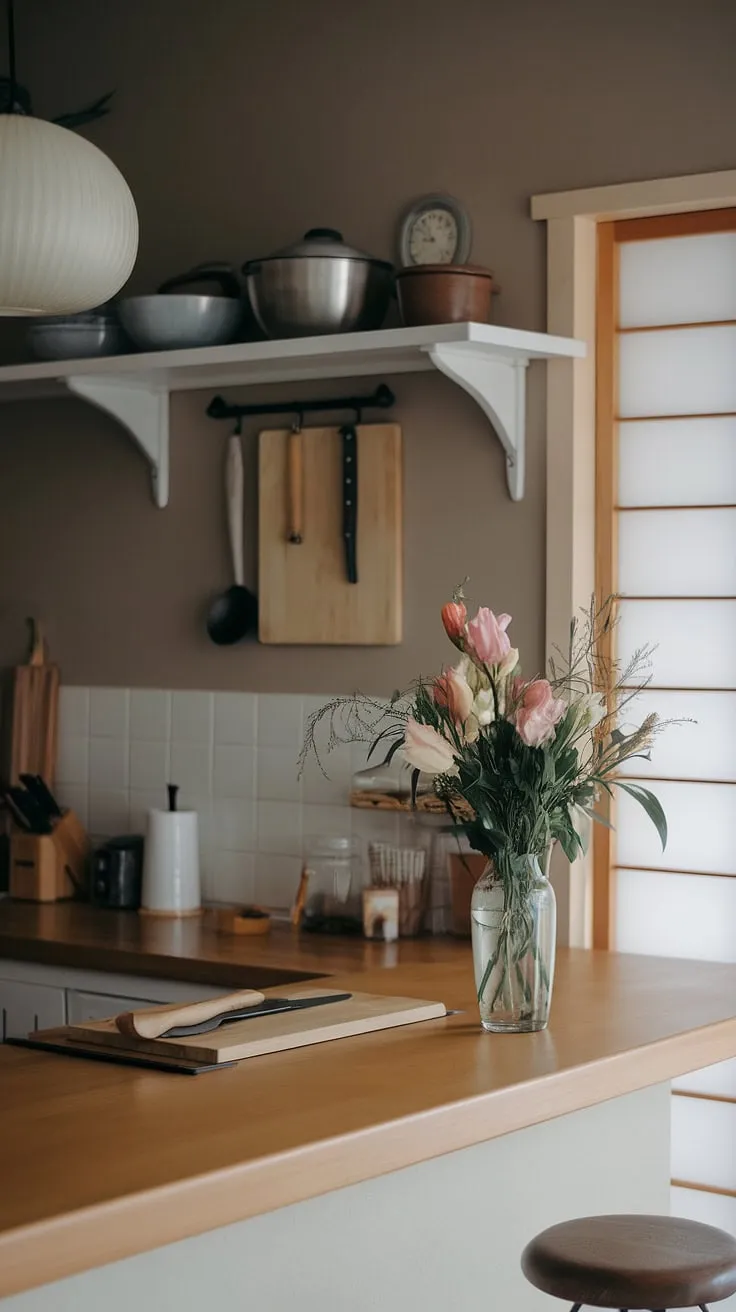 This tranquil Japanese kitchen embodies the essence of wabi-sabi. A harmonious blend of Japanese and Scandinavian aesthetics, it offers a sanctuary of calm amidst the everyday. The soft light, muted colors, and thoughtfully placed wooden elements create an atmosphere of understated elegance. A simple vase of flowers adds a touch of nature's beauty, enhancing the peaceful ambiance.
