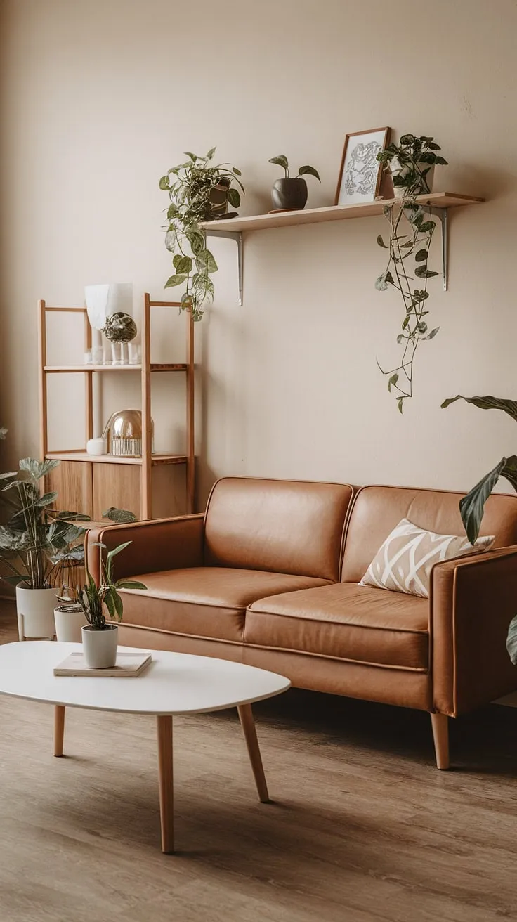This minimalist living room embodies the essence of Japandi design: a harmonious blend of Japanese and Scandinavian aesthetics. The warm tan sofa, clean lines, and carefully curated details create a space that is both aesthetically pleasing and incredibly calming. A true haven of tranquility.
