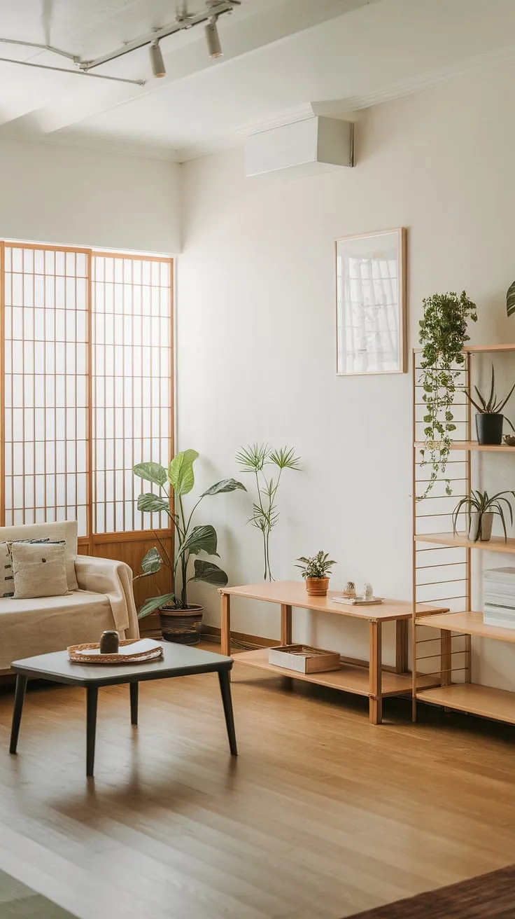 Find your calm in this Japandi-inspired living room. The minimalist design, featuring natural wood tones and a touch of greenery, creates a serene atmosphere perfect for relaxation and mindful living. A sense of understated elegance permeates the space, showcasing the beauty of simplicity.